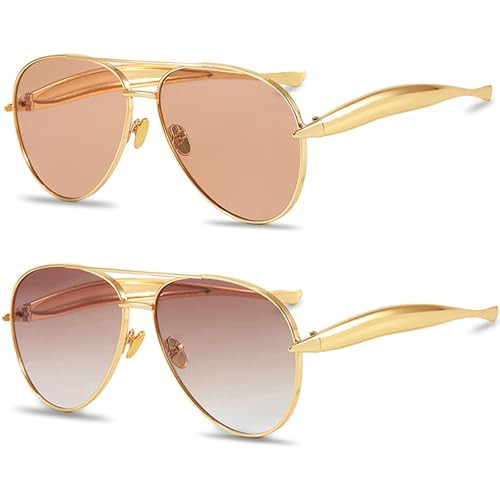 Trendy Oversized Aviator Sunglasses for Women Men 2025 Gold Big Aviators Sun Glasses 70s Retro Shades (Gold/Light Champagne+Gold/Brown Gradient) | Amazon (US)
