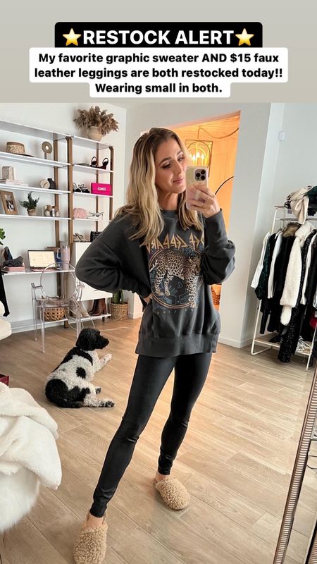 Big restock on my Walmart faux leather leggings! They are $15 and I’m wearing a size small. My graphic sweater is also restocked in a few sizes, it is an Abercrombie find, and I’m wearing a size small for a more oversized fit. My slippers are Ugg and they run true to size

#LTKunder50 #LTKunder100 #LTKstyletip