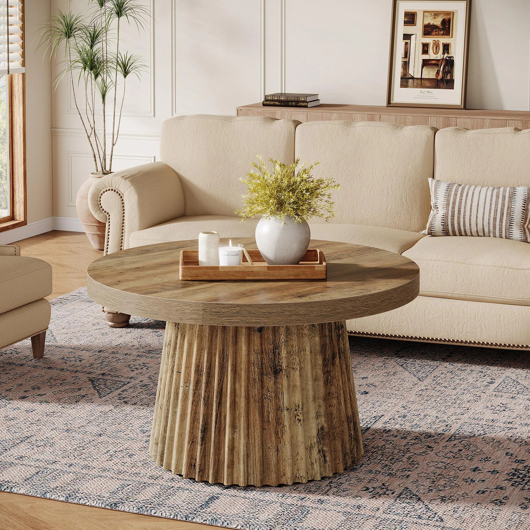 31.5" Round Coffee Table with Fluted Drum Base | Wayfair North America