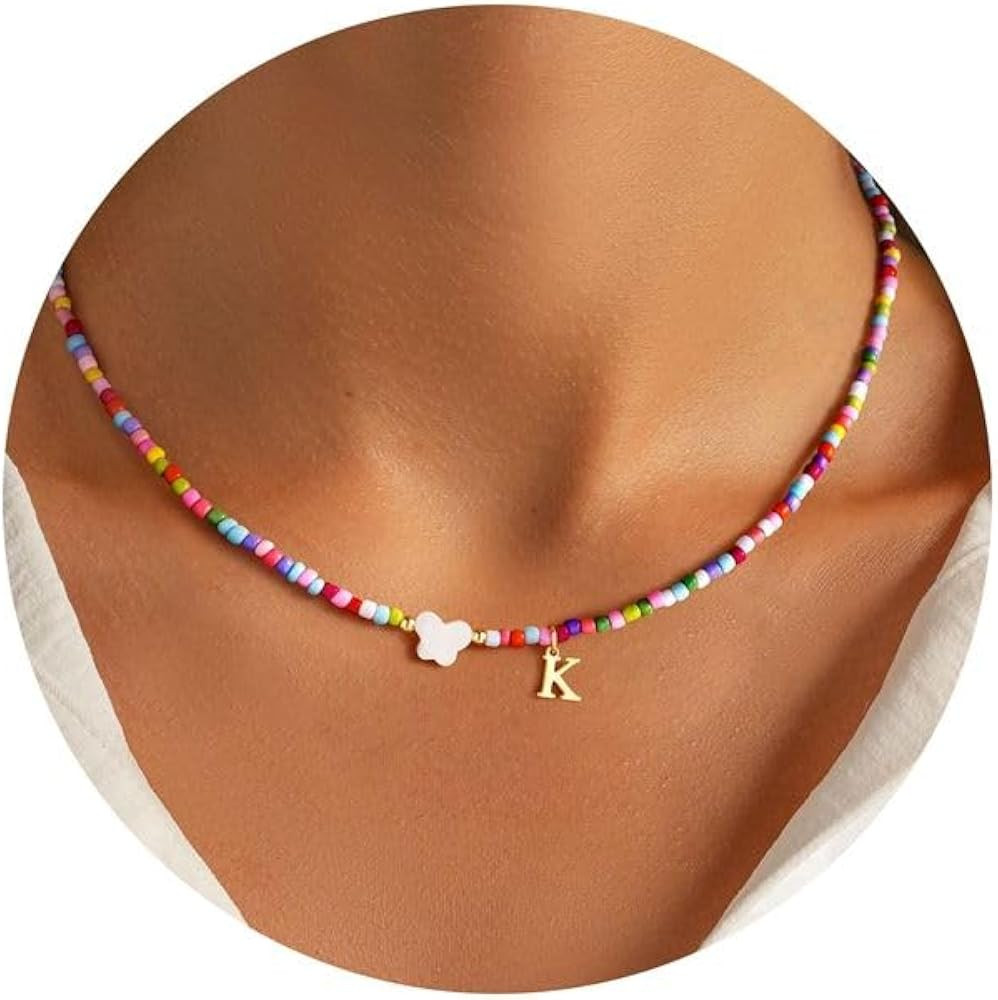 Turandoss Colorful Beaded Initial Necklaces for Women - 14K Gold Plated Dainty Letter A-Z Pendant... | Amazon (US)