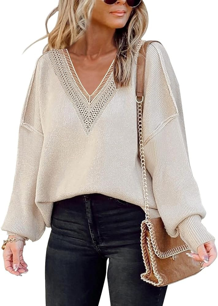 Women's 2023 Fall Sweaters Trendy Long Sleeve Lace V Neck Color Block Striped Sweater Winter Over... | Amazon (US)