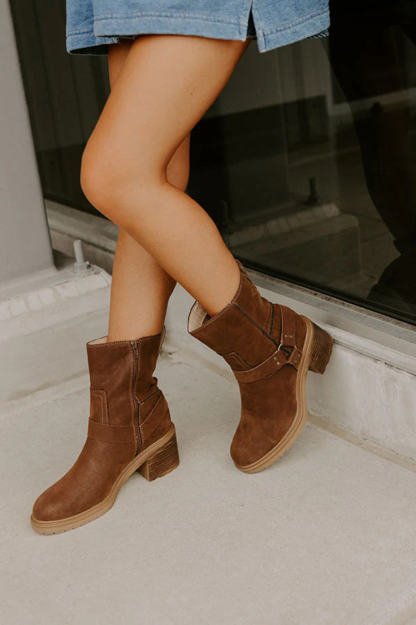 The Ember Faux Suede Moto Boot in Chestnut | Impressions Online Boutique