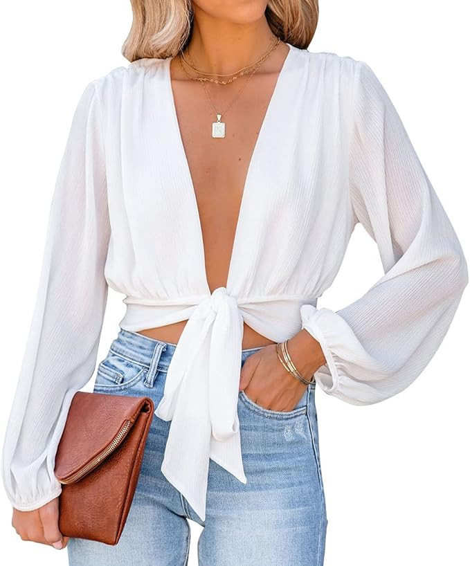 LYANER Women's Deep V Neck Long Sleeve Tie Front Knot Sexy Wrap Crop Top Blouse | Amazon (US)
