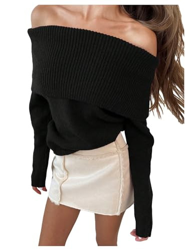 MakeMeChic Women's Off The Shoulder Sweater Oversized Long Sleeve Off Shoulder Sweaters Tops Black Solid Medium | Amazon (US)