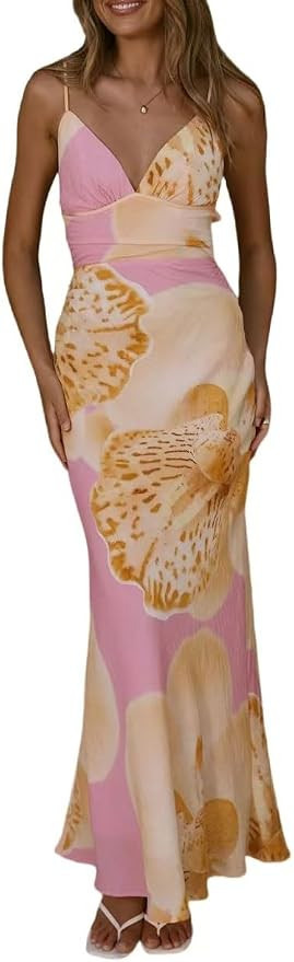 Women's Boho Print Spaghetti Strap Halter Dress V Neck Backless Slim High Waist Midi Dress | Amazon (US)