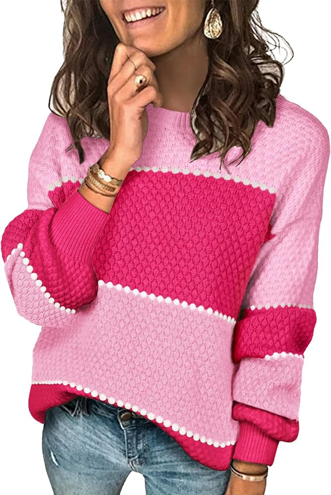 Angashion Women's Sweaters Casual Long Sleeve Crewneck Color Block Patchwork Pullover Knit Sweate... | Amazon (US)