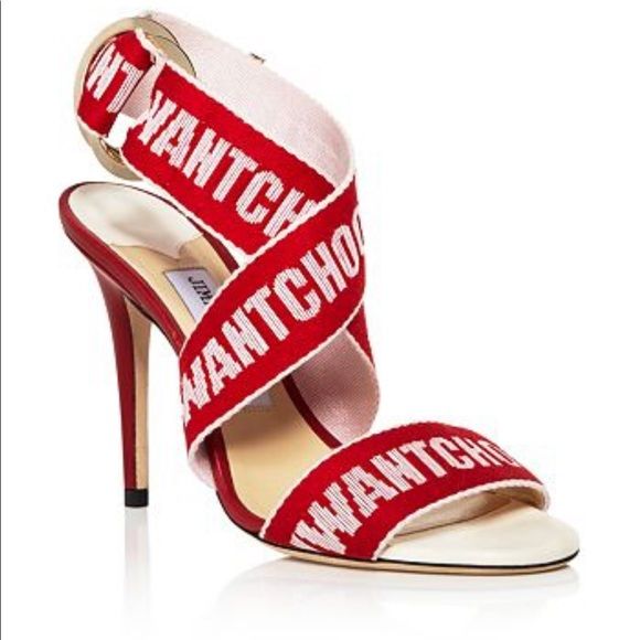 Jimmy Choo red/white logo tape strappy heels | Poshmark