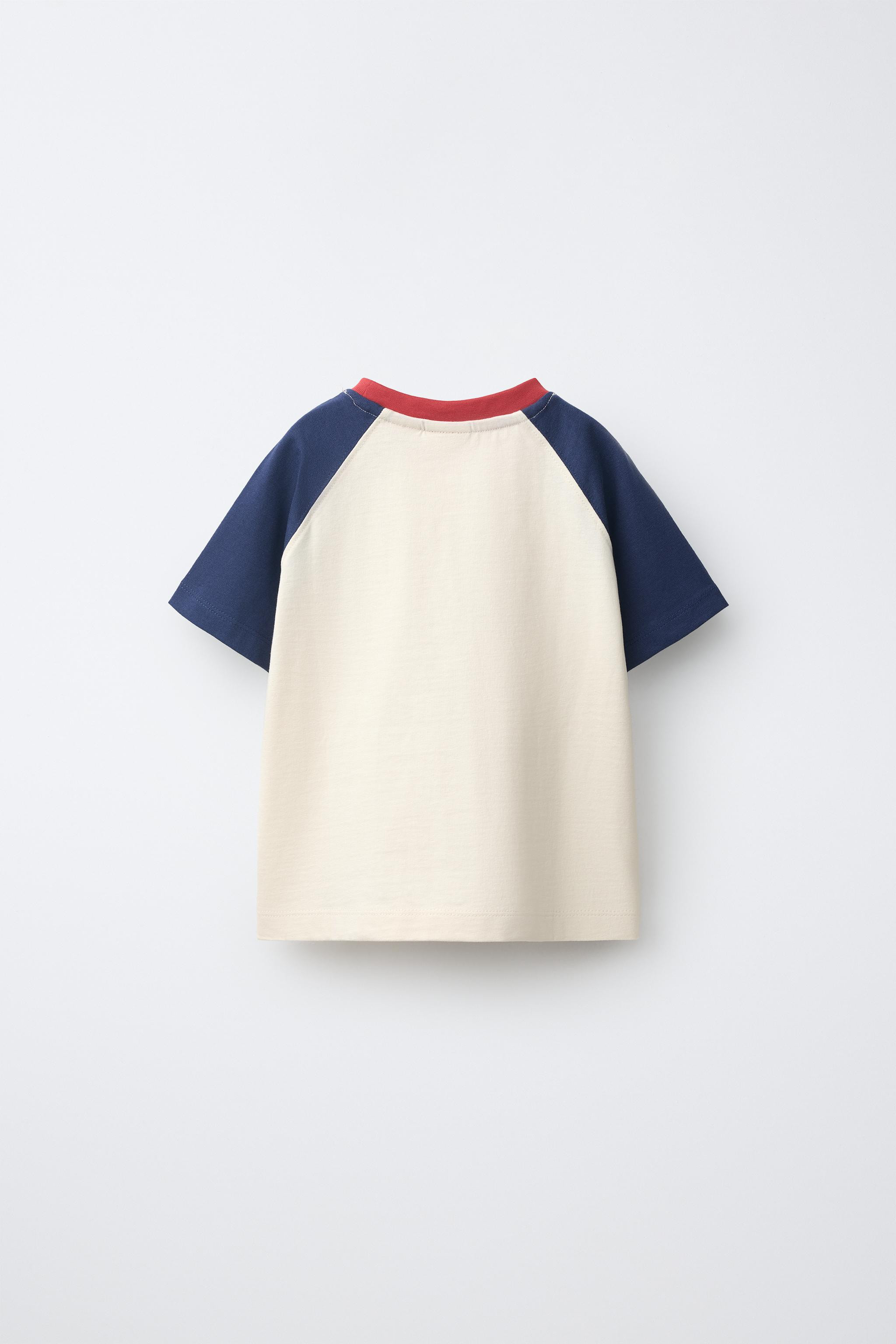Crew neck t-shirt featuring contrast raglan sleeves and delicate embroidery detail on the chest. | Zara US