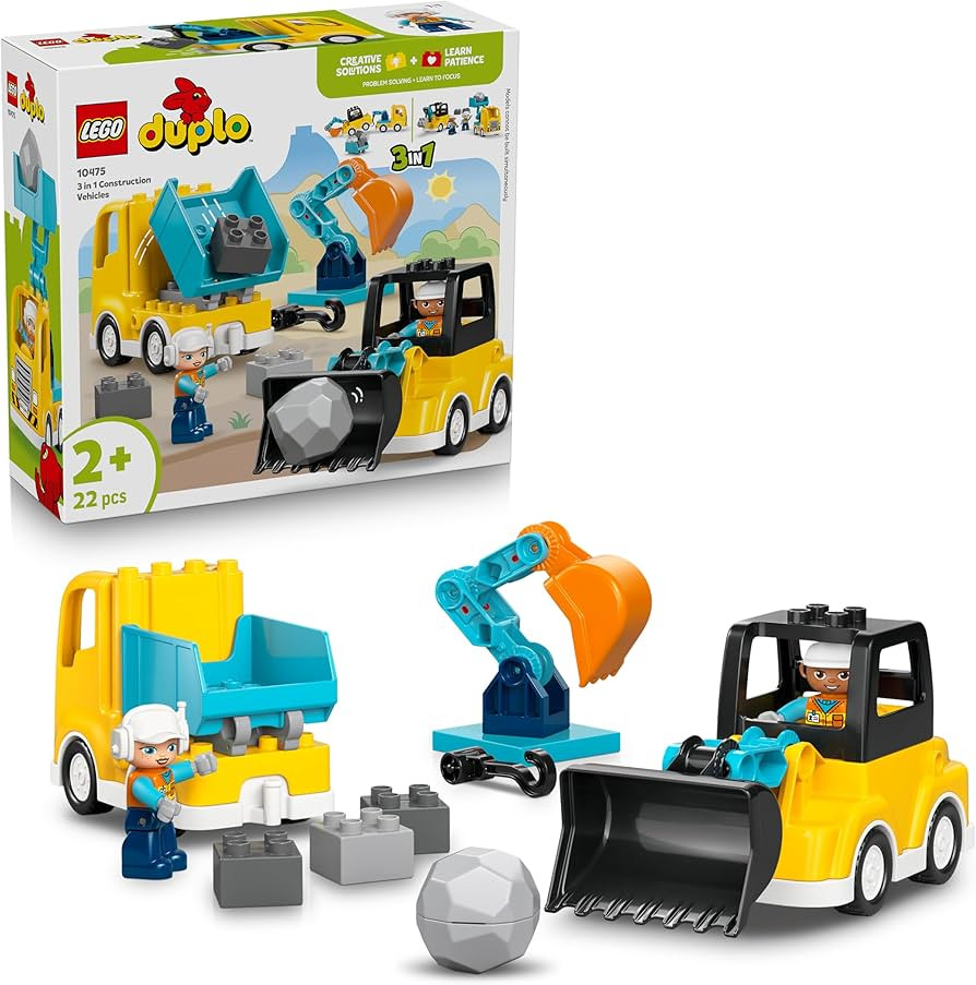 LEGO DUPLO 3 in 1 Construction Vehicles - Educational Montessori Toy for Toddlers w/Trucks, Excav... | Amazon (UK)