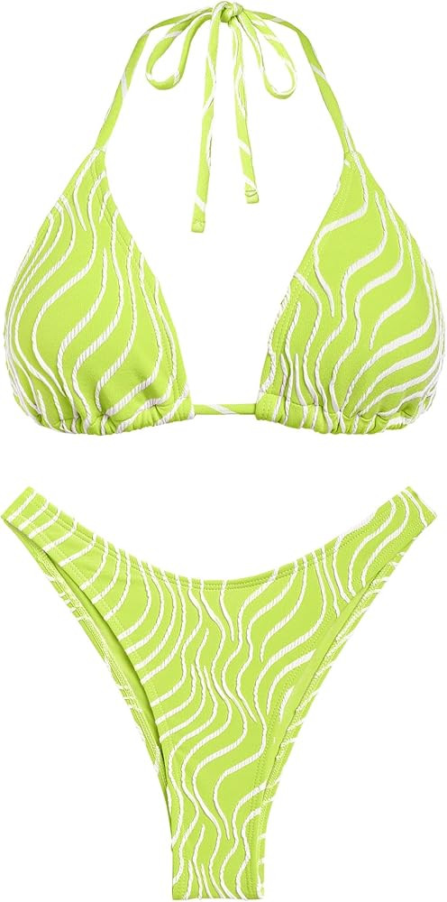 seamoly Women's Bikini Set Halter Two Piece Swimsuit Striped Tie Back High Cut Sexy Thong Bathing... | Amazon (US)