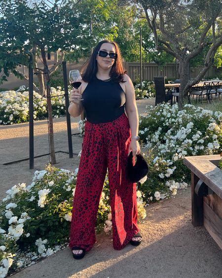 What to wear in wine country / Napa outfit / wine tasting outfit / leopard trousers / red trousers / summer outfit / flatform slides / travel outfit 

#LTKMidsize #LTKTravel #LTKShoeCrush