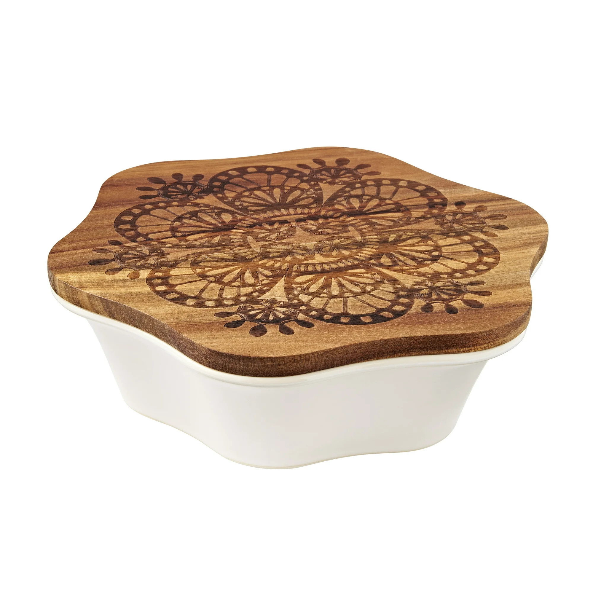 The Pioneer Woman 9-Inch Snowflake Stoneware Baker with Wood Lid, White | Walmart (US)