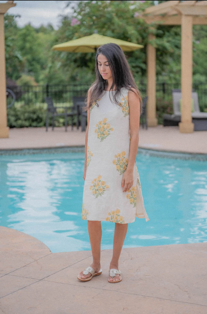 FREDERICA LINEN SLIP-ON DRESS WITH CROCHET STRAPS | YELLOW LAGOS | All In The Detail