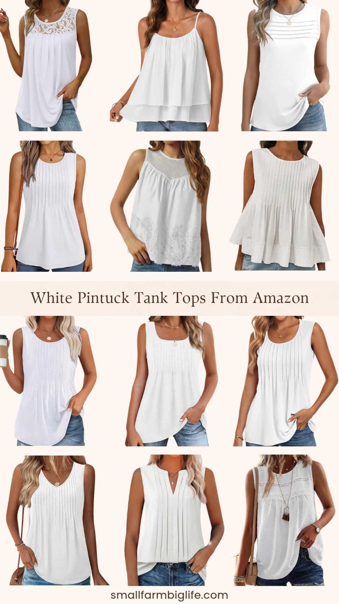White pintuck and pleated tank tops are such a pretty and versatile summer staple and Amazon has so many beautiful options right now at really great prices. I rounded up thirteen styles including flowy camisoles, v neck pleated blouses, square neck tunics, chiffon dressy tops, lace hem styles, and babydoll silhouettes so there is something for every preference and occasion. The pleated and pintuck details add such an elevated touch that makes these tops look so much more expensive than they are. Style them with linen wide leg pants, denim shorts, a maxi skirt, or barrel jeans for an easy and polished summer look. Tap to shop! 

 #LTKgrwm #LTKootd #LTKOver40