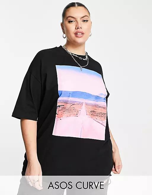 ASOS DESIGN Curve oversized T-shirt in black with roadtrip photo front graphic print | ASOS (Global)