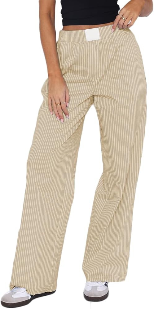 Women Wide Leg Striped Pants Elastic High Waist Y2K Lounge Boxers Pants Pajama Bottom Trousers wi... | Amazon (US)