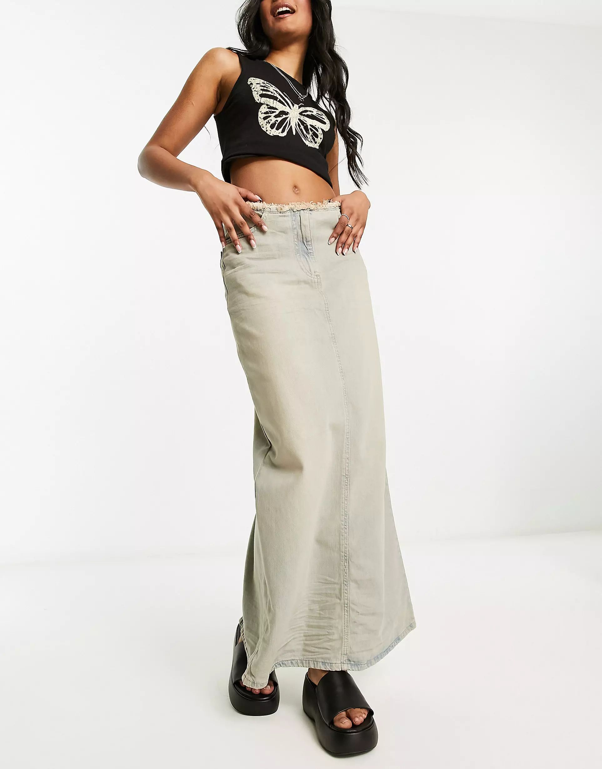 COLLUSION vintage crease detail denim maxi skirt in light dirty wash | ASOS (Global)