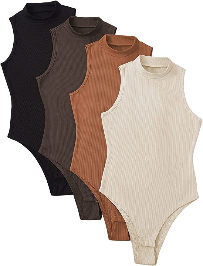 MakeMeChic Women's Plus Size 4pcs Mock Neck Sleeveless Ribbed Knit Bodysuit Pack | Amazon (US)