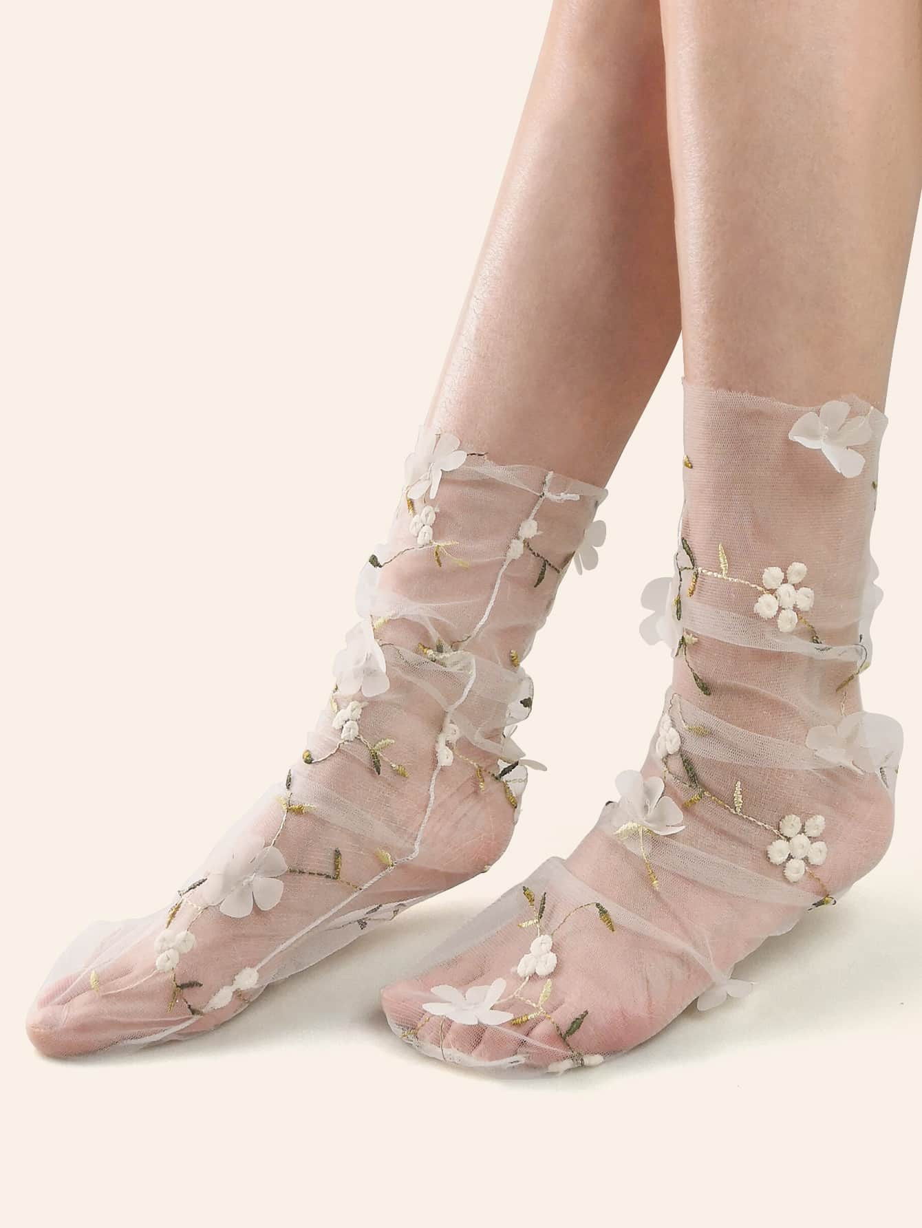 Embroidery Slouchy Mesh Socks | SHEIN