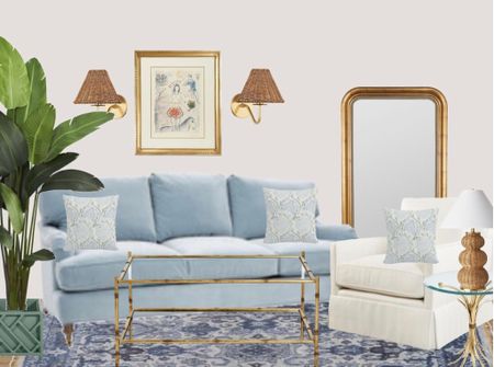 Art. Wicker sconce. Blue velvet sofa. Block print throw pillow. Blue and green. Blue and white. Swivel club chair. Floor mirror. Bamboo coffee table. Chinese Chippendale. Faux plant. Grandmillennial decor. Traditional home. Living room decor. Wicker woven rattan lamp. Gold wheat side table  

#LTKsalealert #LTKhome #LTKSpringSale