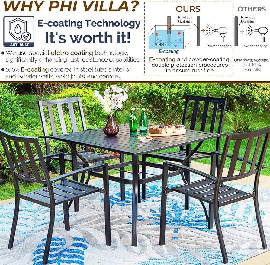 PHI VILLA 5 Piece Outdoor Dining Table Set for 4, 37” Square Metal Dining Table with Umbrella H... | Amazon (US)