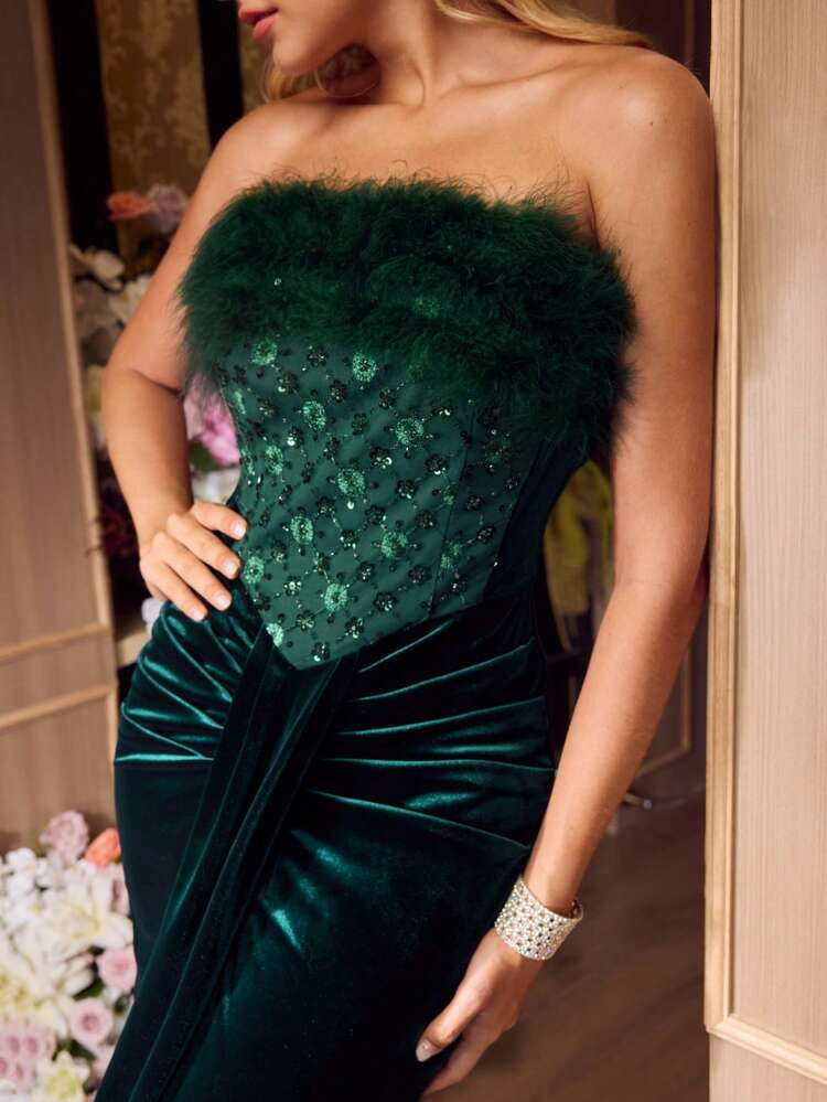 MOTF Soiréza WOMEN'S FURRY TRIM STRAPLESS PROM DRESS | SHEIN