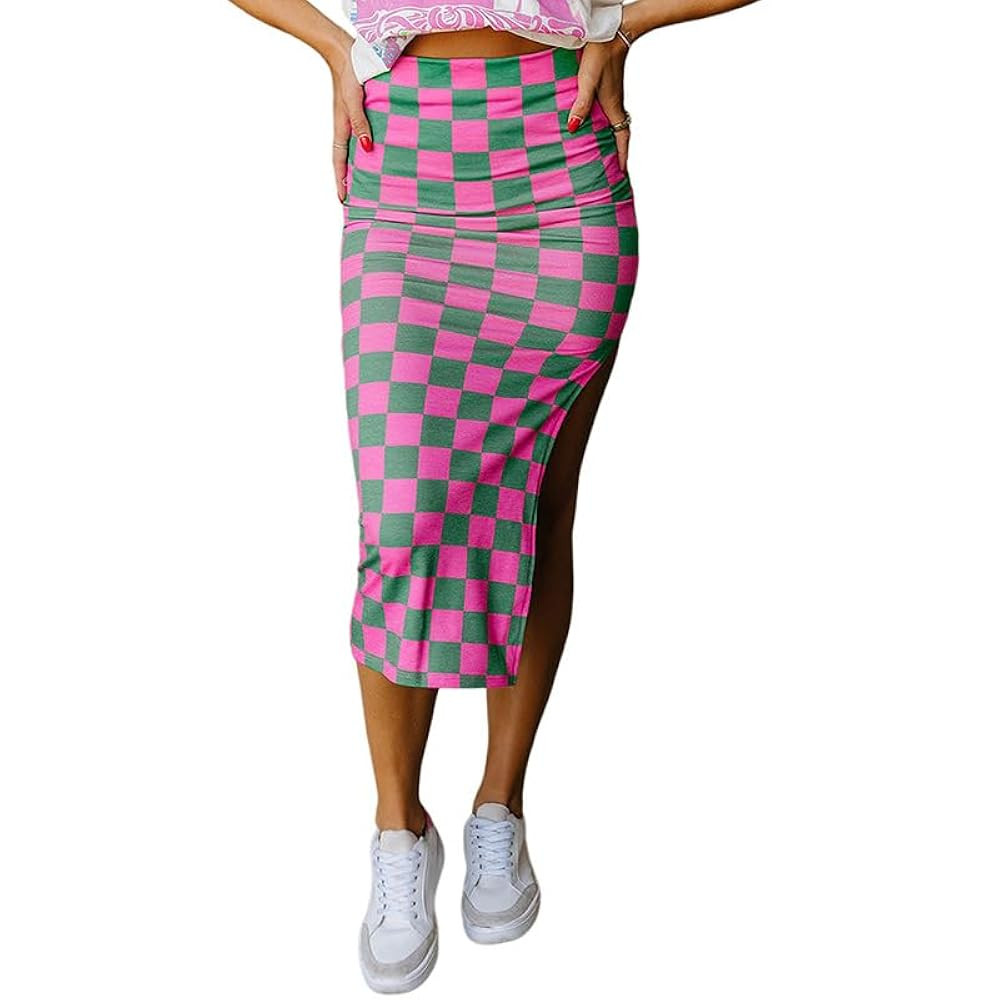 Chvity Plaid Skirts for Women Casual High Waisted Side Slit Classic Checkered Print Stretch Tight... | Amazon (US)
