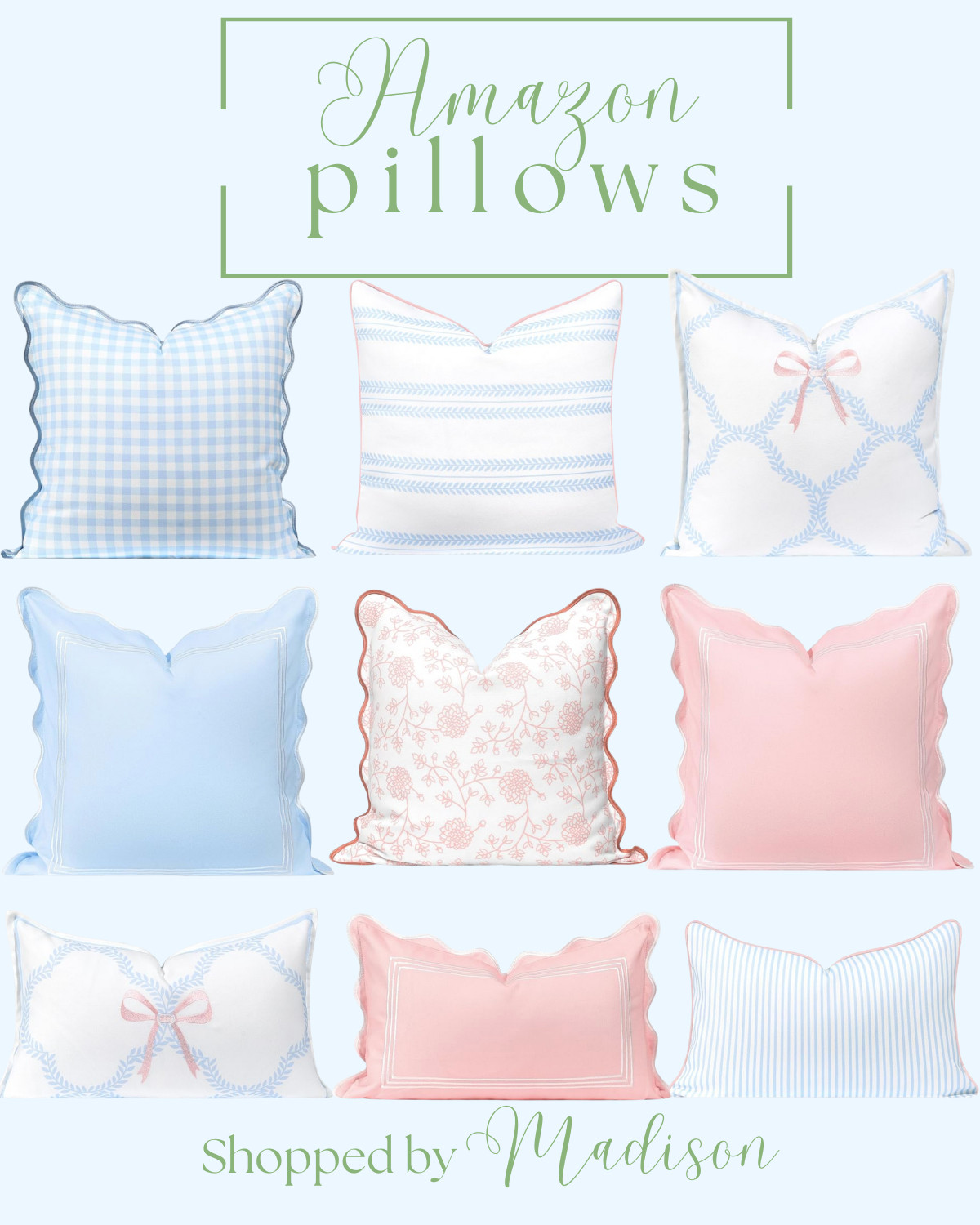 Amazon throw pillows, Hofdeco pillows, outdoor pillow covers, indoor pillow covers, grand millennial home decor, grand millennial style, blue and white decor, blue and green pillows, blue and pink throw pillows, girls room decor, toddler girl room ideas, bow pillow, scallop pillows 

 #LTKHome #LTKFindsUnder50 #LTKStyleTip