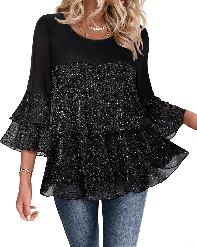 Bebonnie Womens Dressy Sparkly Peplum Tops 3/4 Sleeve Ruffles Elegant Evening Flowy Blouses | Amazon (US)