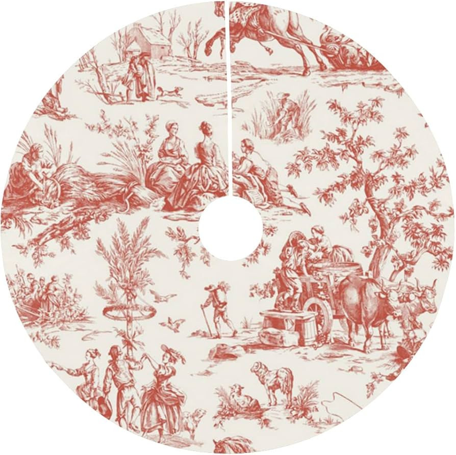 Christmas Tree Skirt, Red French Country Toile Pattern Xmas Tree Mat Carpet Christmas Party Suppl... | Amazon (US)
