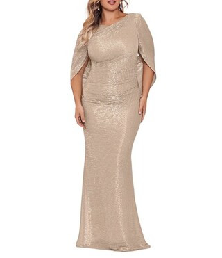 Betsy & Adam Plus Size Draped Back 3/4 Cape Sleeve Round Neck Metallic Crinkled Ruched Sheath Gow... | Dillard's