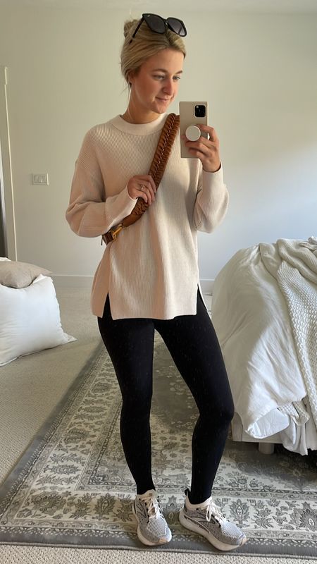 fall outfit of the day! cozy, comfy and functional. I love this knit sweater from lululemon because it looks dressy without sacrificing comfort. 🤍 OOTD | sweater weather | black leggings | high waisted leggings | walking shoes | belt bag | sunglasses | fall outfit ideas | cozy outfit ideas

#LTKstyletip #LTKshoecrush #LTKSeasonal