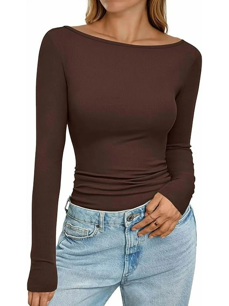 PRETTYGARDEN Long Sleeve Shirts for Women Fall Boat Neck Ribbed Knit Ruched Fitted Going Out Tops... | Walmart (US)