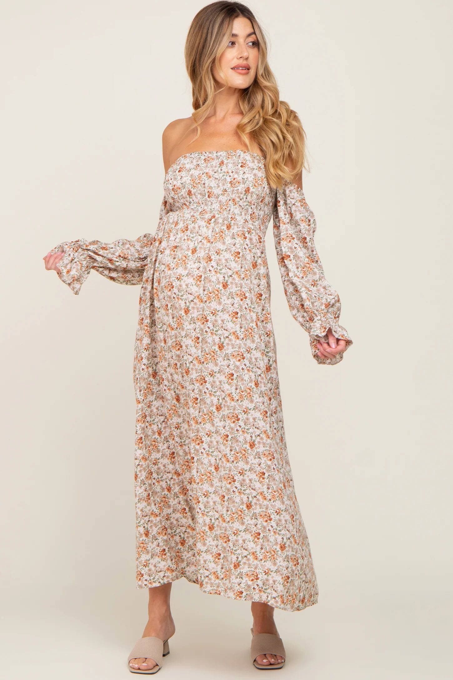 Taupe Floral Off Shoulder Long Sleeve Maternity Maxi Dress | PinkBlush Maternity