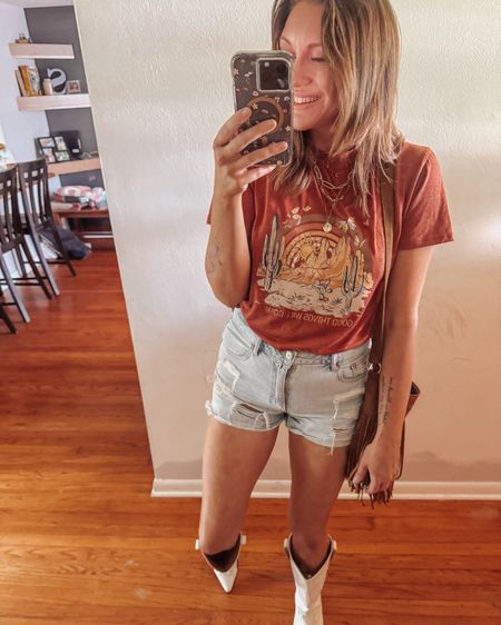 Nothing like a little simple western fit for the day with a graphic tee tucked into some high waisted cut offs & having western knee high boots as your statement piece 🌼🤌🏼

#LTKFindsUnder50 #LTKShoeCrush #LTKStyleTip