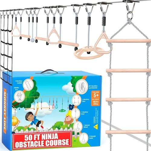 Hyponix Sporting Ninja Warrior Obstacle Course for Kids, 2 x 50 Ft Slackline Set, Holds Up to 880 Lbs, 10 Weatherproof Obstacles & Monkey Net, Outdoor Ninja Course, Setup on Trees or Posts | Amazon (US)