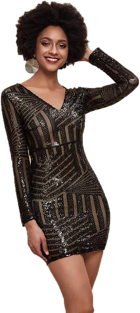 Miss ord Women's V-Neck Long Sleeve Sexy Mini Dress, Bodycon Sequin Summer Party Cocktail Dress | Amazon (US)