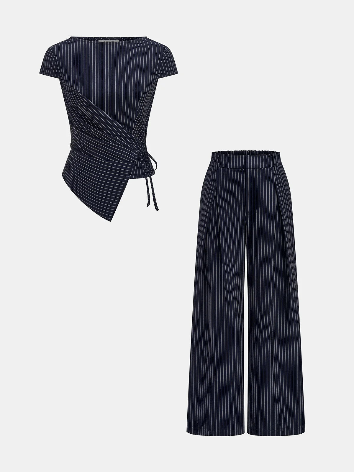 Pinstripe Wrap Tie Top & Pants Set | Commense