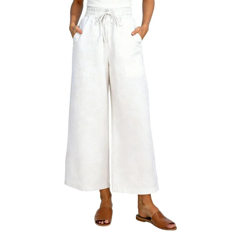 Womens Wide Leg Capri Pants White - Cropped Elastic Waist Pull On Pants for Resort & Summer Loung... | Walmart (US)