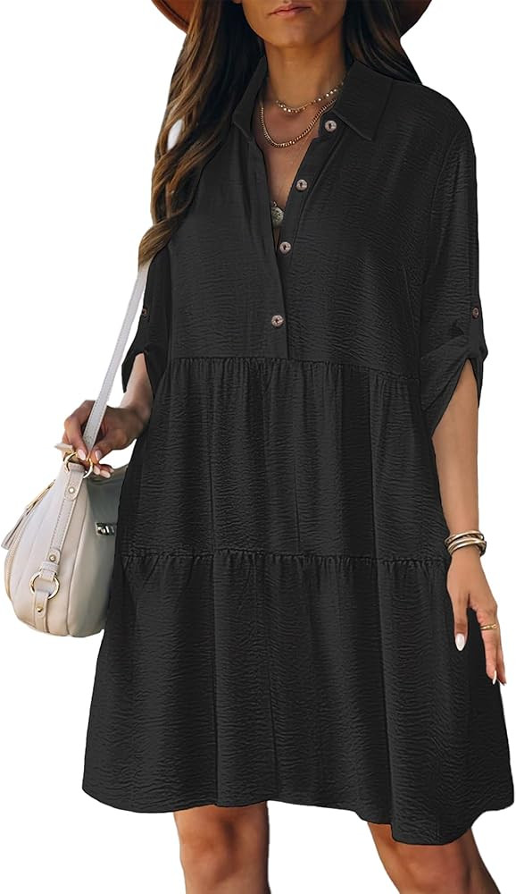 Bsubseach Womens Summer 2025 Casual Midi Dresses Button Down 3/4 Sleeve Ruffle Dress Boho Beach V... | Amazon (US)