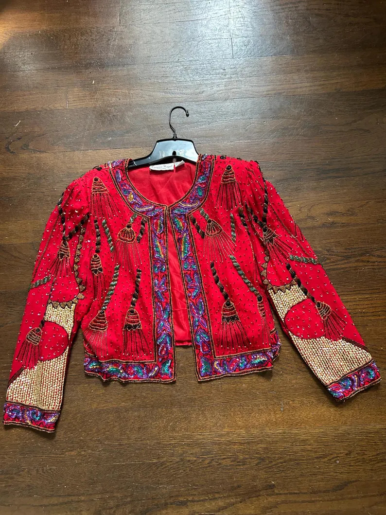 Vtg 80s 90s Laurence Kazar Silk Sparkly Beaded Jacket Top Tassel Cord Evening size XL Boho Whimsi... | Etsy (US)