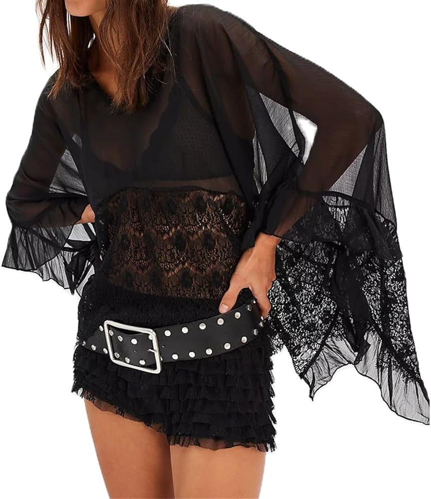 Sawden Women Sheer Poncho Top Chiffon Flowy See Through Beach Cover Up | Amazon (US)