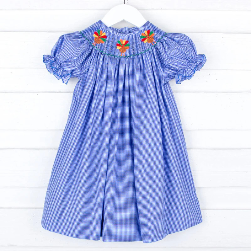 Turkey Smocked Royal Blue Gingham Bishop Dress | Classic Whimsy