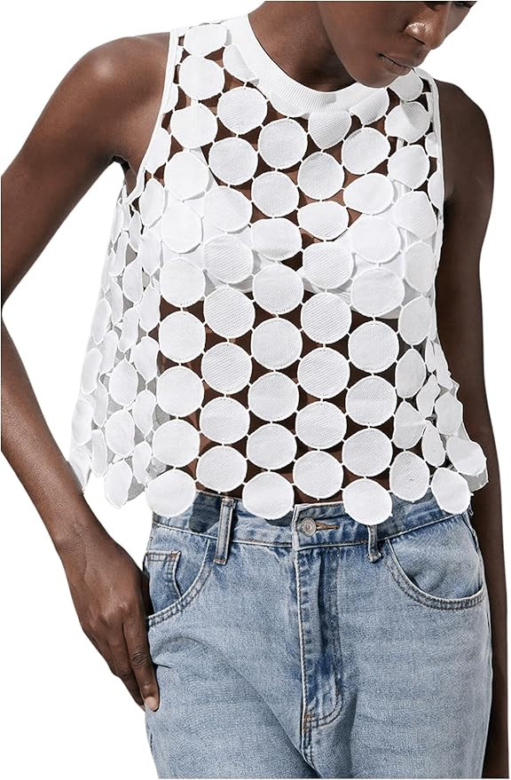 SHENHE Women's Asymmetrical Vest Top See Through Circular Embroidered Crew Neck Sleeveless Vest C... | Amazon (US)
