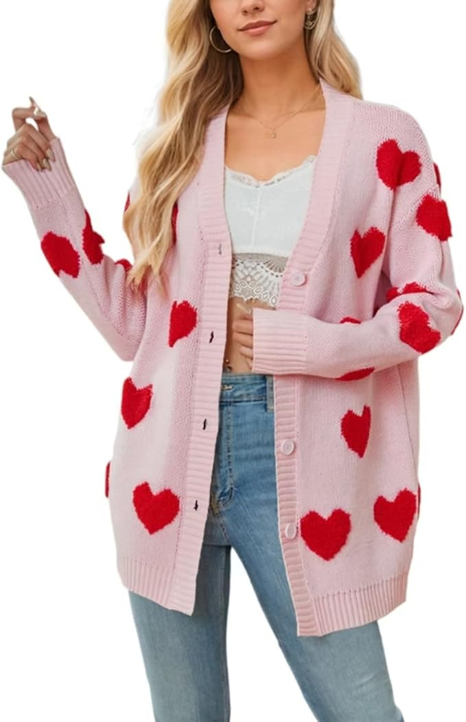 Women Love Heart Graphic Oversized Sweaters Valentine Cute Cardigan Open Front Button Kawaii Prep... | Amazon (US)