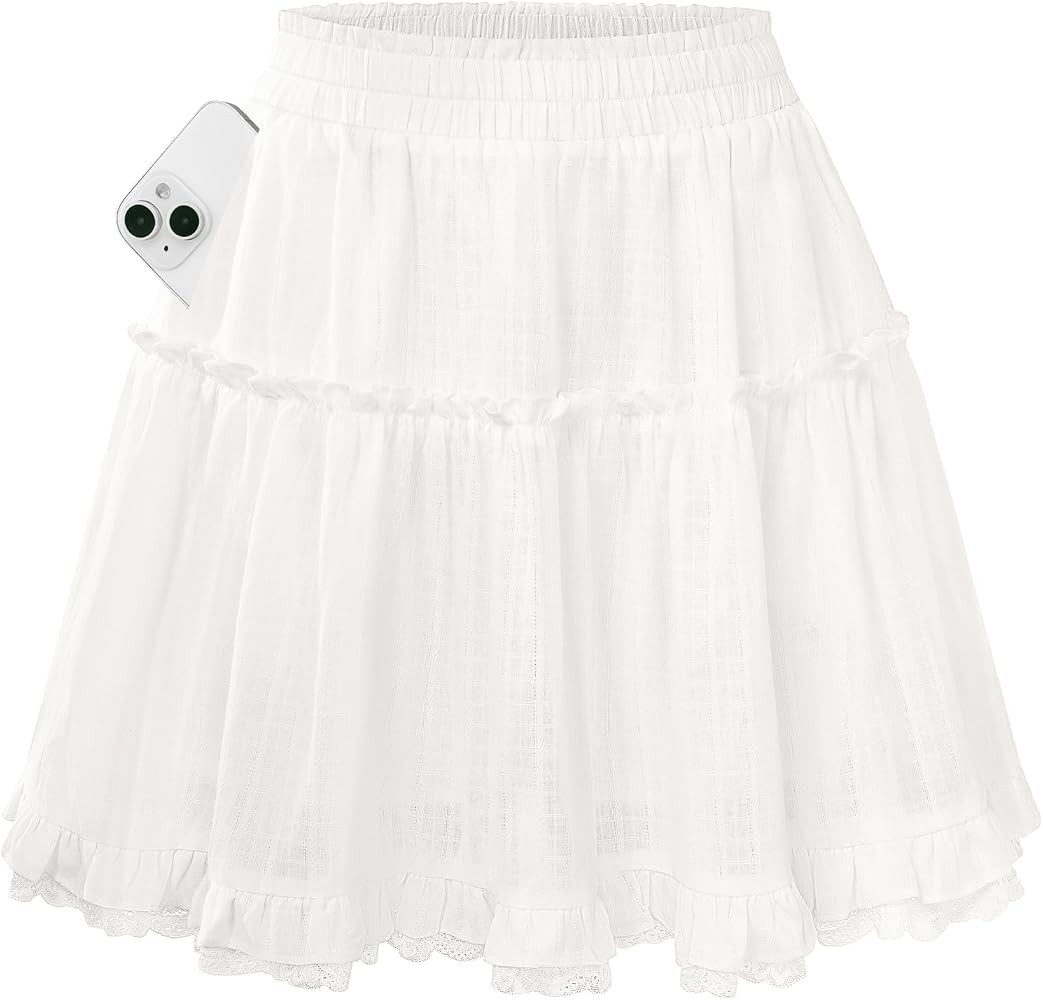 Kate Kasin Women Cotton Mini Skirts with Shorts Underneath, Ruffle Lace Skirt Flowy, Tiered Skort... | Amazon (US)