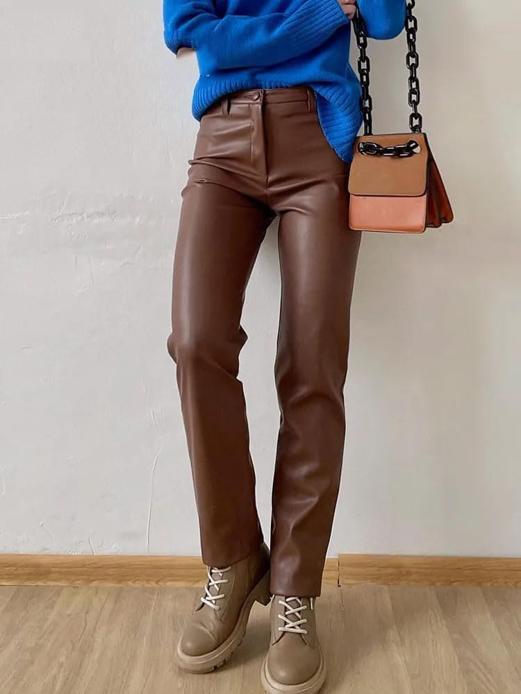 Women Leather Pants Slim Zipper Classic Leather Trousers Pencil Tight Pu Faux Leather Pants | Amazon (US)