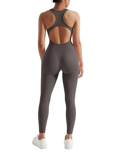 RXRXCOCO Women Backless One Piece Jumpsuits Sleeveless Scoop Neck Bodycon Romper Seamless Workout Yoga Jumpsuits Grey Large | Amazon (US)