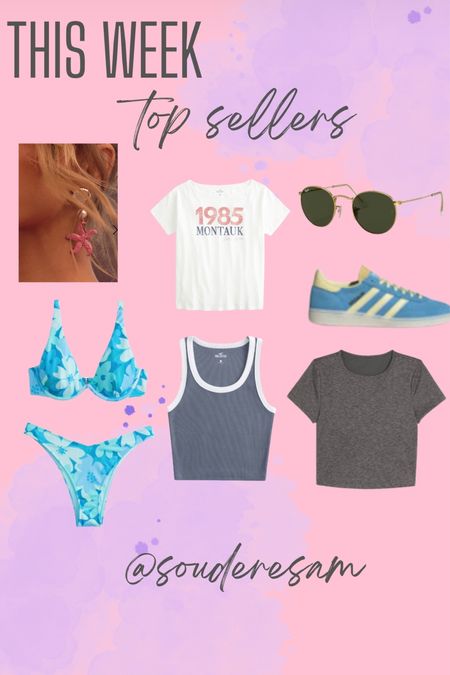 This weeks top sellers!!! These adidas sneaks, blue Hollister bikini, Hollister tank, PLT earrings, off the shoulder tee from Hollister, Gilly hicks top, and ray bans! 