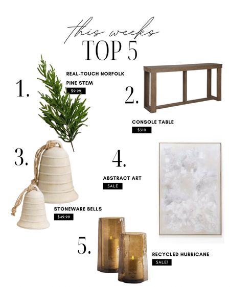 This weeks top 5 include my real touch pine stems, my super popular oversized abstract art, my designer dupe clay bells and the beautiful hurricane candle holders. 

#LTKhome #LTKsalealert #LTKSeasonal